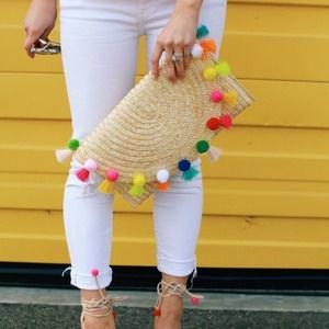 NWT Straw Bag Pom Pom Clutch w Tassels